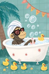 A cartoon monkey relaxes in a bathtub filled with bubbles. The monkey wears sunglasses and a towel on its head. Rubber ducks float nearby, with palm leaves in the background.