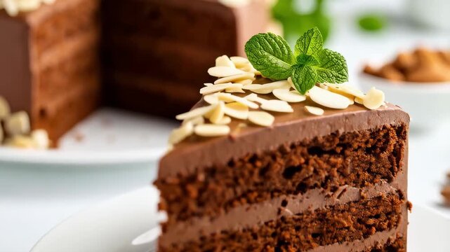 Delicious slice of moist chocolate cake with chocolate frosting and almond slices served on a white plate ready to be eaten