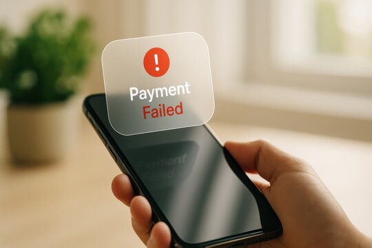 Hand holding smartphone with floating payment failed alert icon representing transaction error, financial warning and online banking issue
