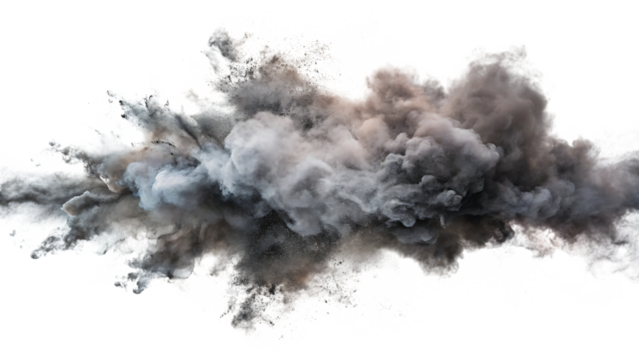 An explosion of gray and black smoke isolated on transparent background creates a dramatic and impactful visual representation of power - Powered by Adobe