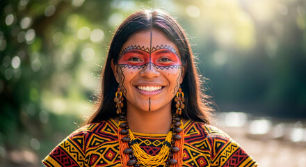Beautiful Young Brazilian Terena Woman in Traditional Attire, Smiling and Looking at Viewer