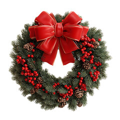 Christmas wreath with red bow isolated on transparent background for decoration © Asad