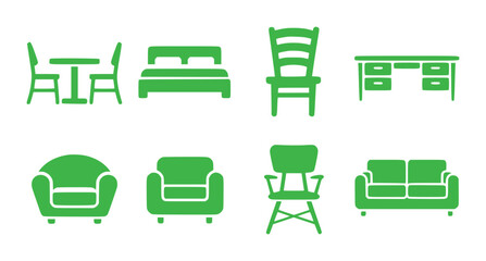 Collection of Green Furniture Icons on White Background