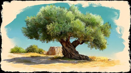 Fototapeta premium Painting a lone tree amidst barren dirt, against a backdrop of distant buildings and a bright blue sky