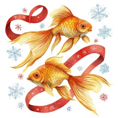 Festive Pisces zodiac illustration with ribbon and golden details