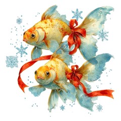 Zodiac Pisces golden fishes design with snowflakes and accents