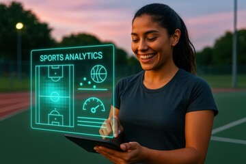 Sports analytics in action engaging female athlete analyzing performance data on a basketball court at sunset
