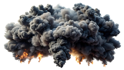 A massive explosion of dark smoke billows upward, creating a dramatic and destructive display isolated on transparent background
