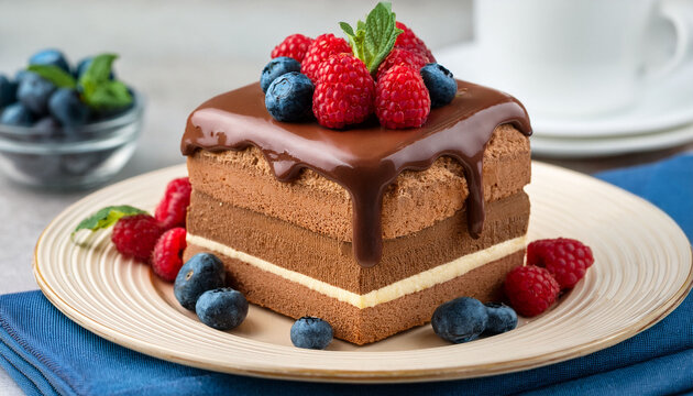 Pastel De Bizcocho Y Crema De Chocolate Decorado Con Bayas Frambuesa Y Arandanos