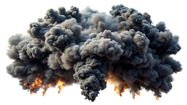 A massive explosion of dark smoke billows upward, creating a dramatic and destructive display isolated on transparent background
