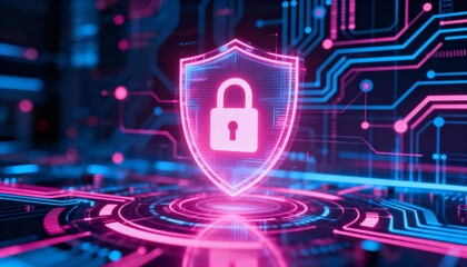 Cyber security holographic shield with glowing padlock icon, neon pink and blue tones, digital network background