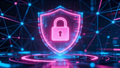 Cyber security holographic shield with glowing padlock icon, neon pink and blue tones, digital network background