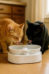Two Cats Drinking Water from a Ceramic Fountain Indoors