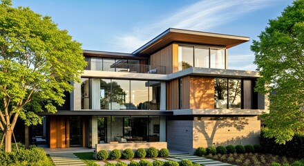 Fototapeta premium Contemporary Residential Architecture Featuring Clean Lines and Neutral Tones in Bright Daylight