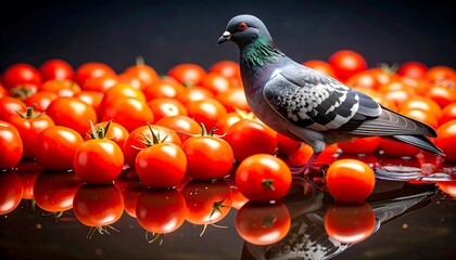 Pigeon Standing Among Ripe Red Tomatoes with Reflections