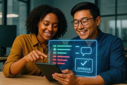 Collaborative team meeting for project approval modern office space digital interaction professional environment engaging perspective