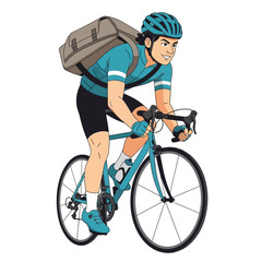 Obraz premium A man in a blue cycling outfit with a helmet and a large bag on his back rides a blue bicycle.