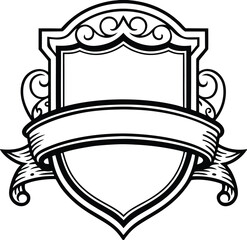 Antique heraldic coat of arms vector illustration with crown, wings, and ribbon scroll banner frame element