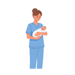 A smiling female nurse in blue scrubs gently holding a swaddled newborn baby.