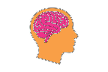 Illustration of a human head with a pink brain inside, representing intelligence, thought, memory, and cognitive function for medical, educational, and psychological themes