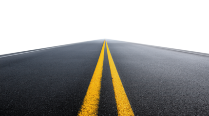 Straight asphalt road with yellow line perspective, isolated on transparent background, symbol of journey and success.