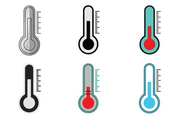 Vector art of collection of thermometer icons, showing varying temperatures for weather, health, science, and measurement concepts in diverse color schemes and styles