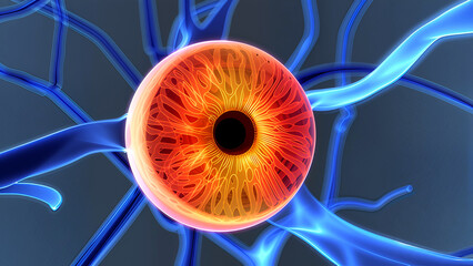 Vibrant iris surrounded by glowing blue neural pathways pupil retina
