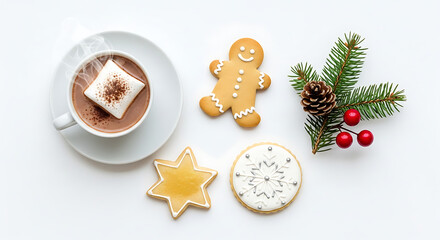 Cozy holiday treats with warm hot chocolate and festive cookies on a white background