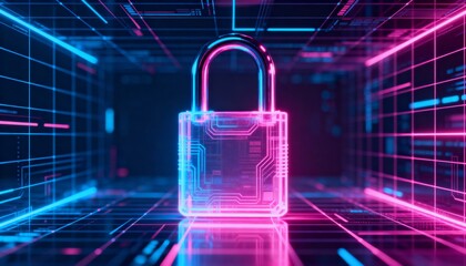 Digital cyber grid with glowing holographic padlock in pink and blue neon, futuristic cyber security background