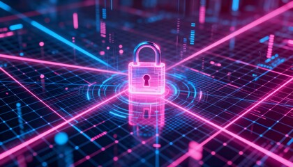 Digital cyber grid with glowing holographic padlock in pink and blue neon, futuristic cyber security background