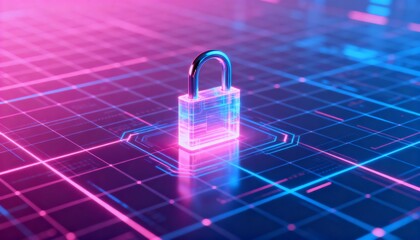 Digital cyber grid with glowing holographic padlock in pink and blue neon, futuristic cyber security background