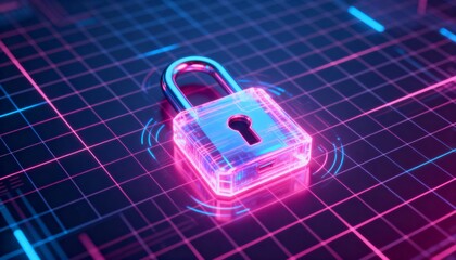 Digital cyber grid with glowing holographic padlock in pink and blue neon, futuristic cyber security background