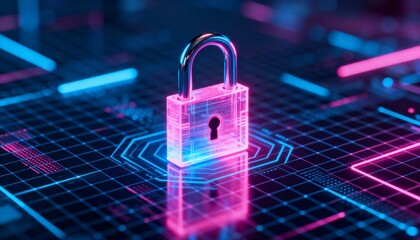 Digital cyber grid with glowing holographic padlock in pink and blue neon, futuristic cyber security background