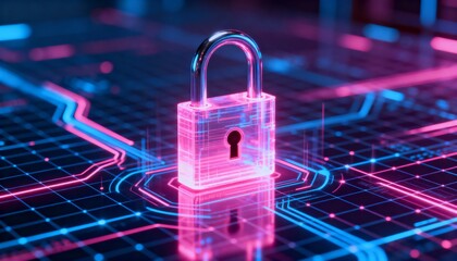 Digital cyber grid with glowing holographic padlock in pink and blue neon, futuristic cyber security background