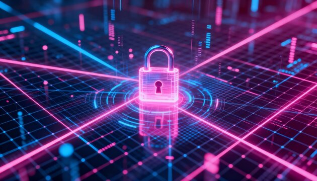 Digital cyber grid with glowing holographic padlock in pink and blue neon, futuristic cyber security background