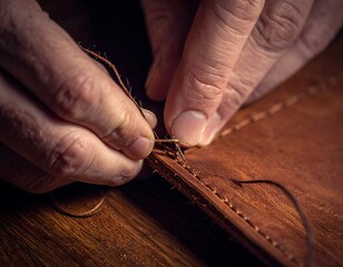 Obraz premium Craftsman hands sewing leather with needle and thread close up on wooden table
