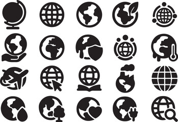 Globe Glyph Icon Set Planet Earth, Ecology, Sustainability, Global Warming, Climate Change, Eco Protection, Solid Vector