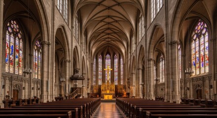 Fototapeta premium Grand Gothic Cathedral Interior with Stained Glass Windows and Wooden Pews