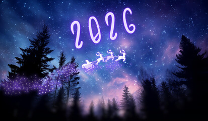 santa’s sleigh outlined in neon light, pulled by glowing reindeer flying across a starry sky with springkle star santa. Starry Wilderness Twilight(5080 x 2953 piksel) - 1