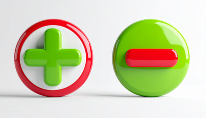 Obraz premium 3D bright green plus and red minus icons, isolated on white background, minimalistic and modern