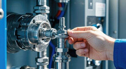 Hand turning valve on industrial machine, close up of hand adjusting equipment to regulate fluid flow. Industrial machine maintenance ensuring optimal performance of mechanical system.