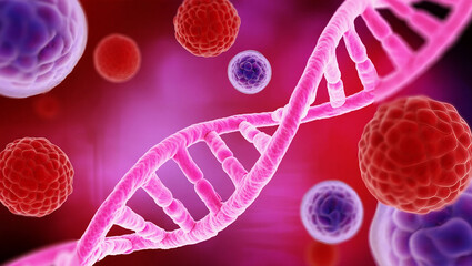 Pink D N A helix surrounded by red and purple cells image