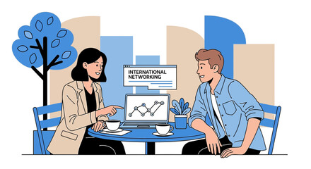 Illustration depicting a business meeting at an outdoor cafe discussing international networking