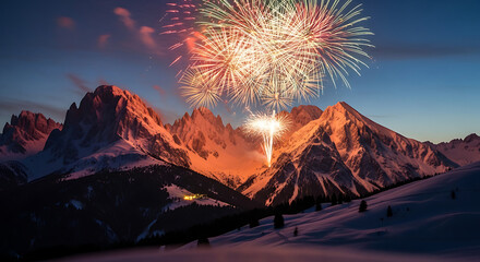 Spectacular fireworks illuminate majestic snow-capped mountains at dusk, celebrating a festive occasion.