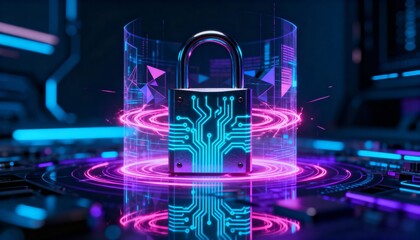 Digital lock surrounded by glowing firewall hologram, cyber security concept, abstract dark tech background