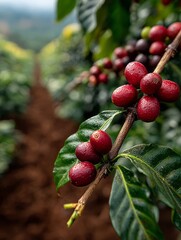 Close-up of ripe red coffee cherries covered in water droplets on a branch with green leaves, set against a blurred background of a coffee plantation