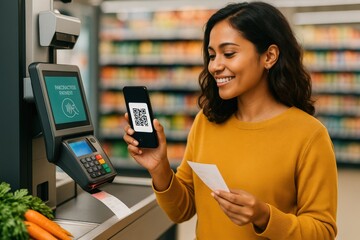 Shopping payment experience woman using mobile qr code at grocery store checkout modern retail environment engaging perspective