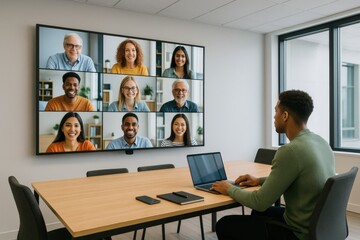 Virtual team meeting highlights collaboration among diverse professionals in modern office video conference engaging environment dynamic perspective
