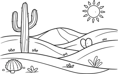 Desert Landscape Featuring Cactus and Rolling Hills Simple Drawing