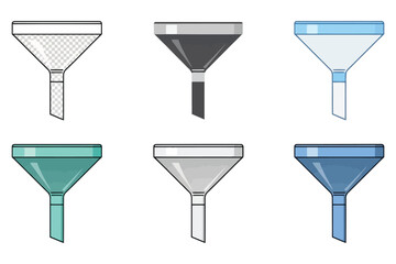 Illustration of a funnel in six different color schemes a vector graphic for science, chemistry, and liquid transfer themes